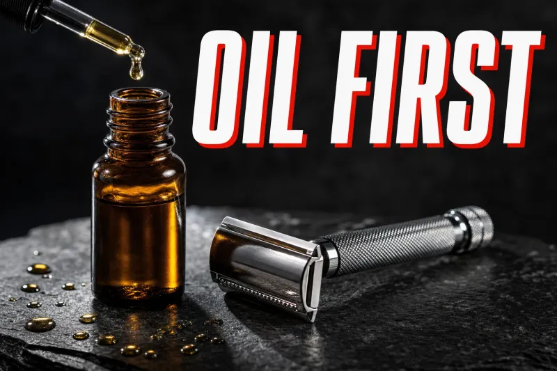 A dramatic side-lit photograph on dark slate of an amber glass bottle of pre-shave oil with a dropper cap, a golden drop of oil suspended at the dropper tip, a chrome double-edge safety razor lying beside it, headline OIL FIRST in white block letters with a red drop shadow across the top