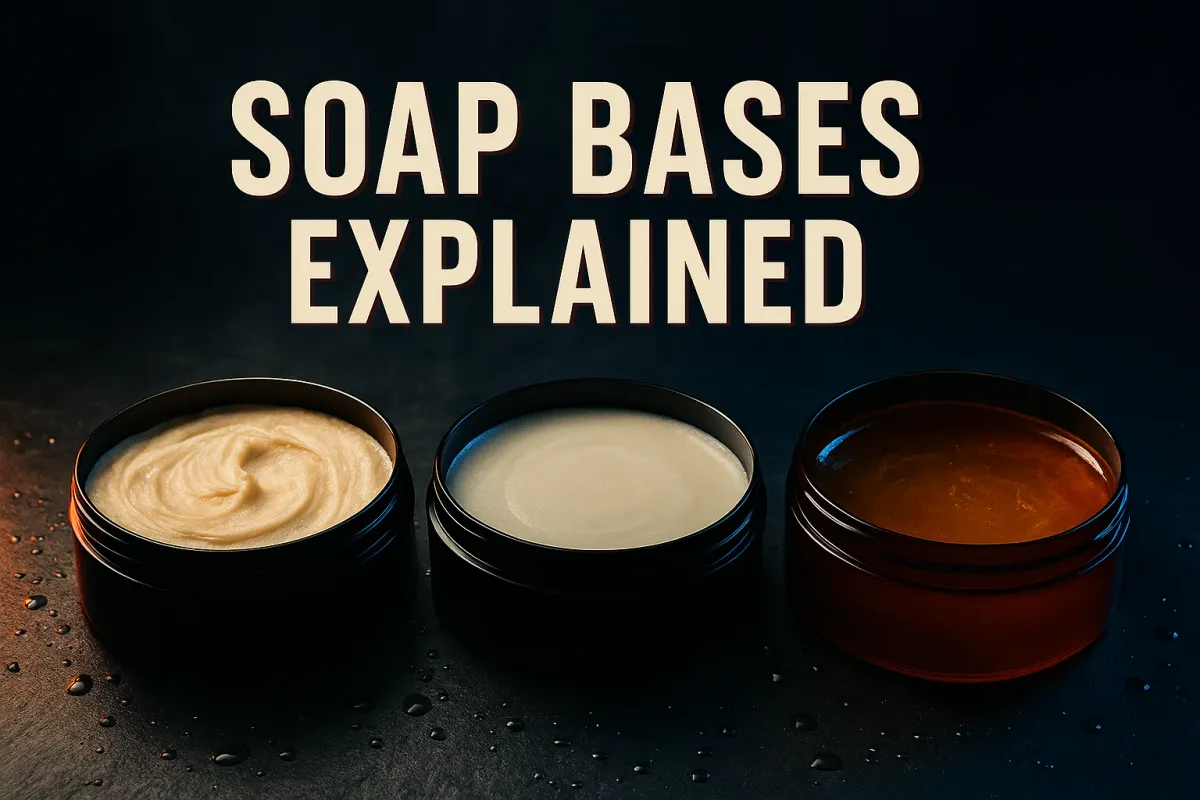 Advertisement style hero of three open shaving soap tubs on wet dark slate, a swirled ivory tallow soap, a smooth pale vegan soap, and a glassy amber glycerin soap, under the headline SOAP BASES EXPLAINED