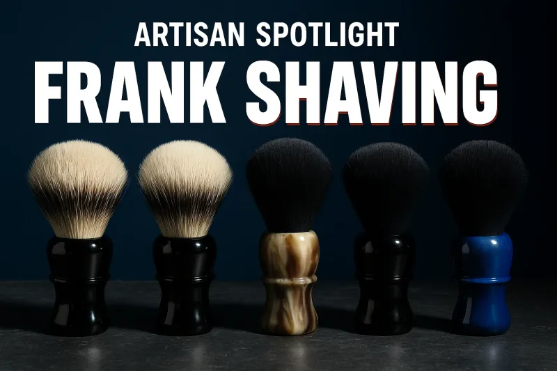 A row of shaving brushes with badger and synthetic knots standing on a dark slate counter under dramatic side light, headline ARTISAN SPOTLIGHT in small white letters above FRANK SHAVING in large white block letters with a red drop shadow