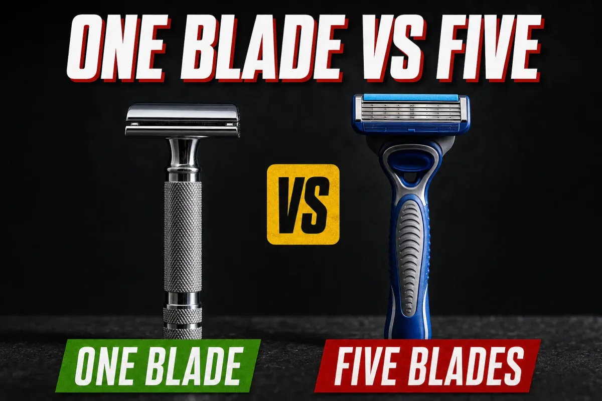 A dramatic side-lit product photograph on dark slate in YouTube thumbnail style, headline ONE BLADE VS FIVE in white block letters with a red drop shadow, a chrome double-edge safety razor with a knurled handle standing on the left over a green banner reading ONE BLADE, a yellow VS badge in the middle, and a blue five-blade cartridge razor with a lubricating strip standing on the right over a red banner reading FIVE BLADES