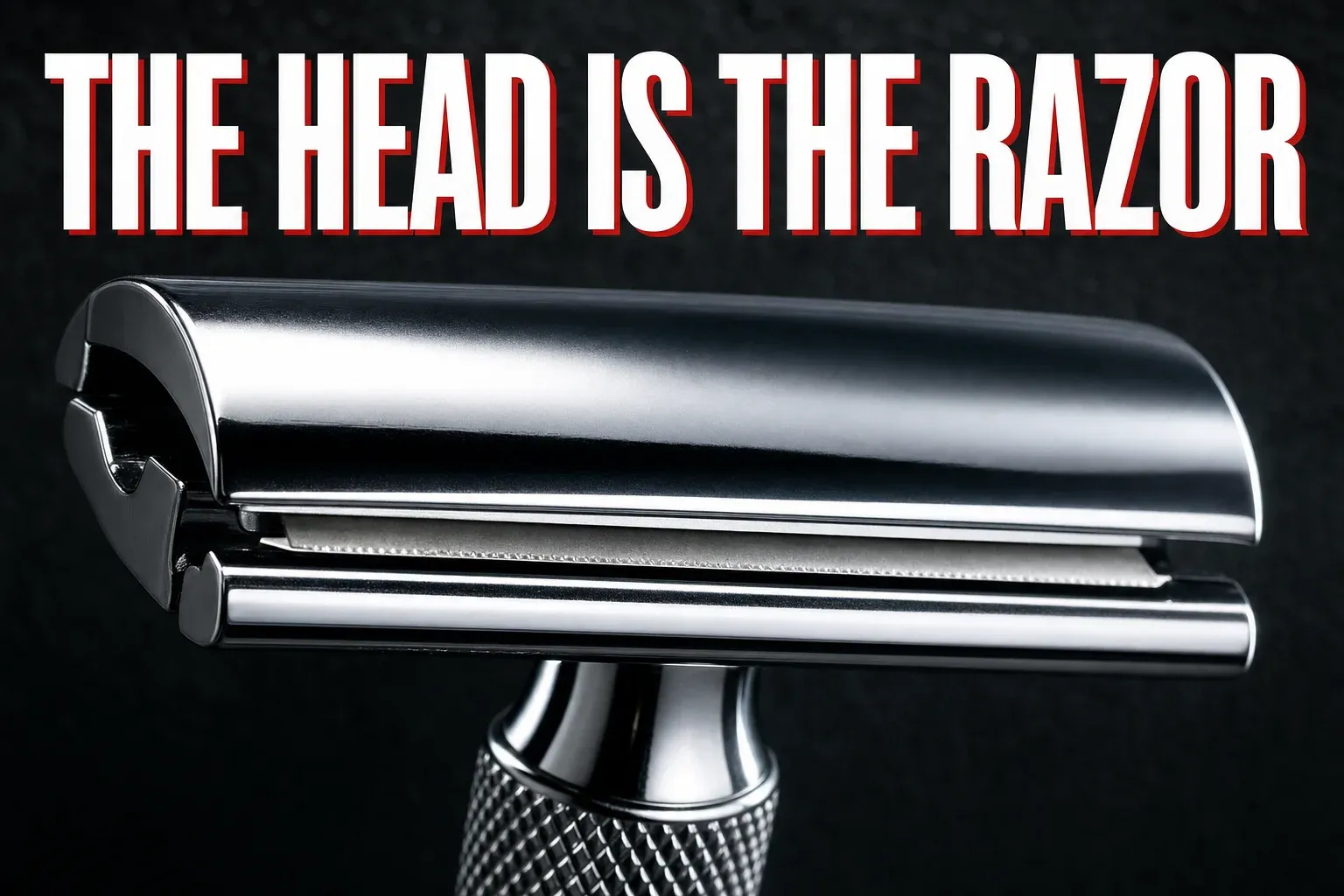 A dramatic macro photograph of a chrome double-edge safety razor head on dark slate, the domed top cap, exposed blade edge and smooth safety bar clearly stacked, knurled handle below, headline THE HEAD IS THE RAZOR in white block letters with a red drop shadow across the top