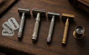 Overhead flatlay of a vintage safety razor collection on an aged walnut workbench, showing a chrome twist-to-open razor, an adjustable razor with a numbered dial, a three-piece razor, and a gold butterfly-open razor, with loose double-edge blades and a brass loupe beside them