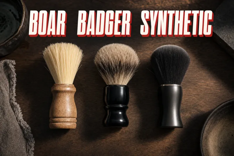 An overhead flatlay on a dark walnut counter of three shaving brushes standing in a row, a cream-bristled boar brush with a wooden handle, a soft gray and tan badger brush with a black resin handle, and a sleek modern synthetic brush with uniform dark fibers, headline BOAR BADGER SYNTHETIC in white block letters with a red drop shadow across the top