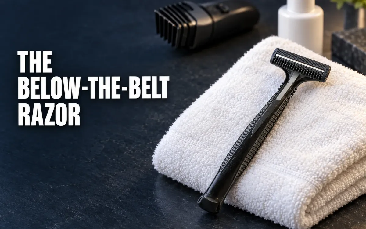 A Gillette Guard single-blade cartridge razor on a folded white towel on a dark slate counter, a guarded trimmer and a white pump bottle behind it, with the headline The Below-the-Belt Razor