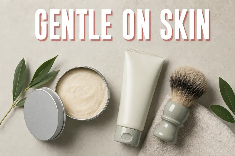 A calm flatlay on a pale bone-colored surface of a shaving soap puck, a tube of shaving cream, and a badger brush with soft even light, a small green leaf motif suggesting gentleness, headline GENTLE ON SKIN in white block letters with a soft red drop shadow across the top
