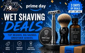 Shave Dad Prime Day Wet Shaving Deals key art, a razor, brush, soap, and aftershave splash with a Prime-branded box