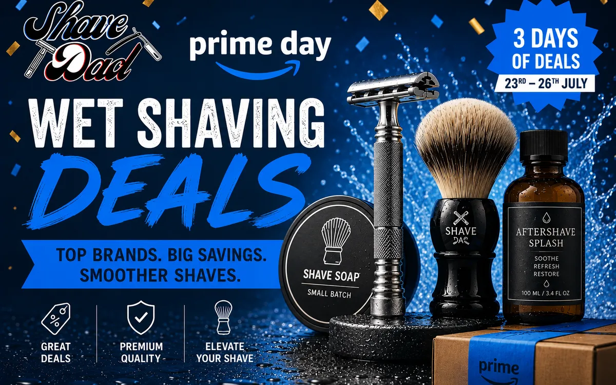 Shave Dad Prime Day Wet Shaving Deals key art, a razor, brush, soap, and aftershave splash with a Prime-branded box
