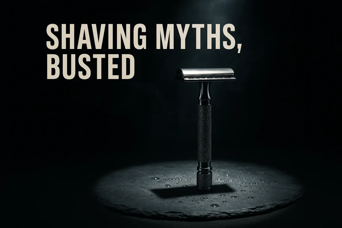 A chrome safety razor under an interrogation style spotlight on dark slate, under the headline Shaving Myths, Busted