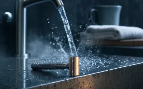 A vintage chrome double-edge safety razor resting on a wet stone bathroom counter under a stream of cold water arcing from a chrome tap, with individual droplets frozen mid-air and cool blue cinematic lighting
