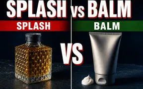 A split composition on a dark slate counter, a squat glass aftershave splash bottle on the left under a red SPLASH banner, a tube of aftershave balm on the right under a green BALM banner, a white VS in the center, warm side-light, headline SPLASH vs BALM in white block letters across the top