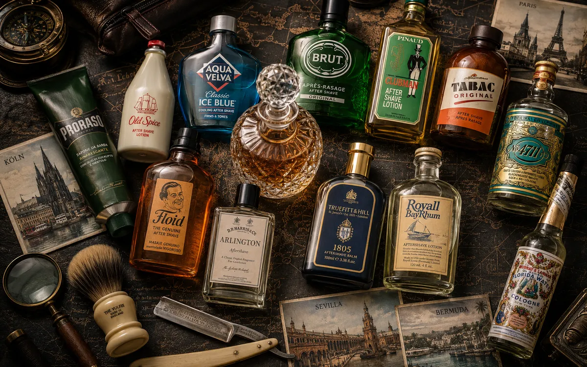 A vintage cartographic flat-lay of classic aftershave bottles arranged around a crystal cologne decanter on a slate-and-old-world-map surface, with Old Spice, Aqua Velva Classic Ice Blue, Brut, Clubman Pinaud, Tabac Original, 4711, Proraso, Floid, D.R. Harris Arlington, Truefitt & Hill 1805, Royall Bayrhum, and Murray & Lanman Florida Water alongside a brass compass, leather Dopp kit, vintage shaving brush, antique straight razor, magnifying glass, and postcards from Köln, Paris, Sevilla, and Bermuda