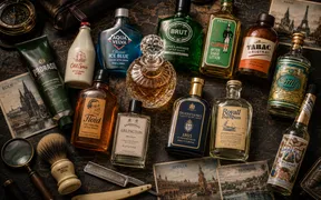 A vintage cartographic flat-lay of classic aftershave bottles arranged around a crystal cologne decanter on a slate-and-old-world-map surface, with Old Spice, Aqua Velva Classic Ice Blue, Brut, Clubman Pinaud, Tabac Original, 4711, Proraso, Floid, D.R. Harris Arlington, Truefitt & Hill 1805, Royall Bayrhum, and Murray & Lanman Florida Water alongside a brass compass, leather Dopp kit, vintage shaving brush, antique straight razor, magnifying glass, and postcards from Köln, Paris, Sevilla, and Bermuda