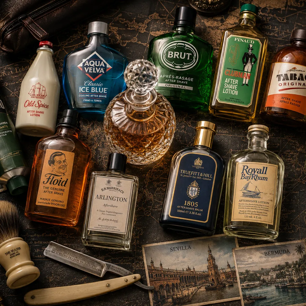 A vintage cartographic flat-lay of classic aftershave bottles arranged around a crystal cologne decanter on a slate-and-old-world-map surface, with Old Spice, Aqua Velva Classic Ice Blue, Brut, Clubman Pinaud, Tabac Original, 4711, Proraso, Floid, D.R. Harris Arlington, Truefitt & Hill 1805, Royall Bayrhum, and Murray & Lanman Florida Water alongside a brass compass, leather Dopp kit, vintage shaving brush, antique straight razor, magnifying glass, and postcards from Köln, Paris, Sevilla, and Bermuda