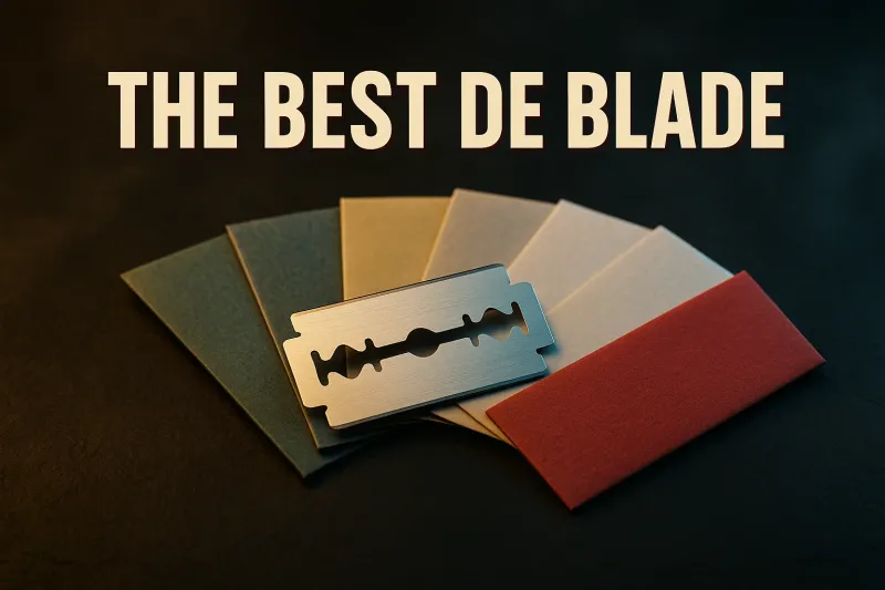 A fanned spread of double edge razor blades in plain paper wrappers on dark slate under the headline The Best DE Blade
