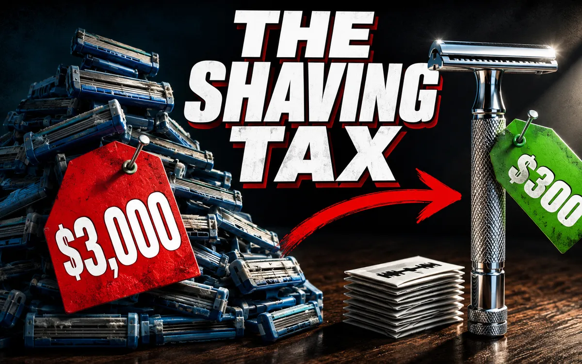 Split composition, a pile of used blue Mach 3 cartridges tagged $3,000 in red on the left, a single chrome DE safety razor tagged $300 in green on the right, THE SHAVING TAX headline in bold white across the middle with a red arrow curving from the pile to the razor
