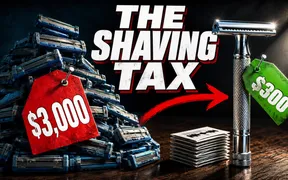 Split composition, a pile of used blue Mach 3 cartridges tagged $3,000 in red on the left, a single chrome DE safety razor tagged $300 in green on the right, THE SHAVING TAX headline in bold white across the middle with a red arrow curving from the pile to the razor