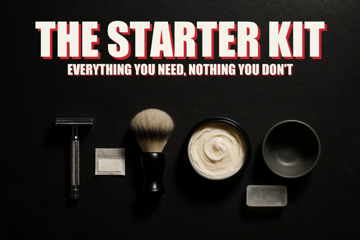 A complete wet shaving starter kit laid out on dark slate, safety razor, blade pack, brush, soap tub, bowl and alum block each in its own pool of light, headline THE STARTER KIT in white block letters with a red drop shadow