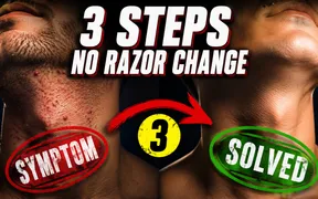 Split composition, an inflamed neck close-up with red razor bumps labeled SYMPTOM on the left, a smooth clean-shaved neck labeled SOLVED on the right, "3 STEPS / NO RAZOR CHANGE" headline in bold white across the top with a red arrow arcing between the two sides through a yellow badge marked 3