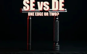 A modern machined stainless single edge razor in the style of the Blackland Vector and a chrome double edge safety razor facing each other on dark slate under dueling red and white light, headline SE VS DE in huge cream block letters with a red drop shadow