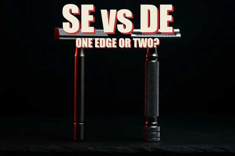 A modern machined stainless single edge razor in the style of the Blackland Vector and a chrome double edge safety razor facing each other on dark slate under dueling red and white light, headline SE VS DE in huge cream block letters with a red drop shadow