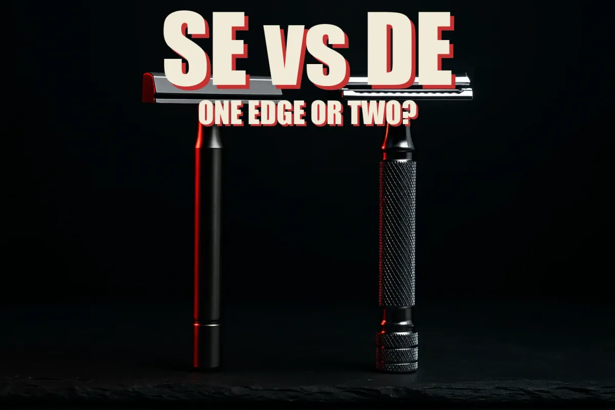 A modern machined stainless single edge razor in the style of the Blackland Vector and a chrome double edge safety razor facing each other on dark slate under dueling red and white light, headline SE VS DE in huge cream block letters with a red drop shadow