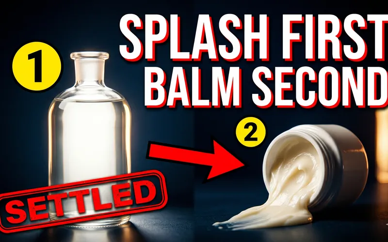 Split-screen graphic with an aftershave splash bottle marked 1 on the left and a tipped balm jar spilling cream marked 2 on the right, headline reads Splash First Balm Second with a red Settled stamp