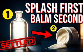 Split-screen graphic with an aftershave splash bottle marked 1 on the left and a tipped balm jar spilling cream marked 2 on the right, headline reads Splash First Balm Second with a red Settled stamp
