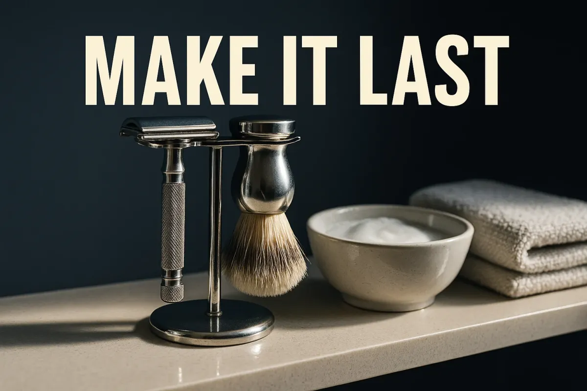 A safety razor and shaving brush hanging on a chrome stand beside a soap bowl on a tidy bathroom shelf, under the headline Make It Last