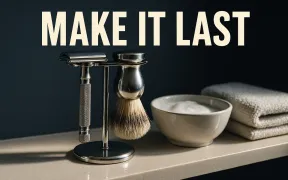 A safety razor and shaving brush hanging on a chrome stand beside a soap bowl on a tidy bathroom shelf, under the headline Make It Last