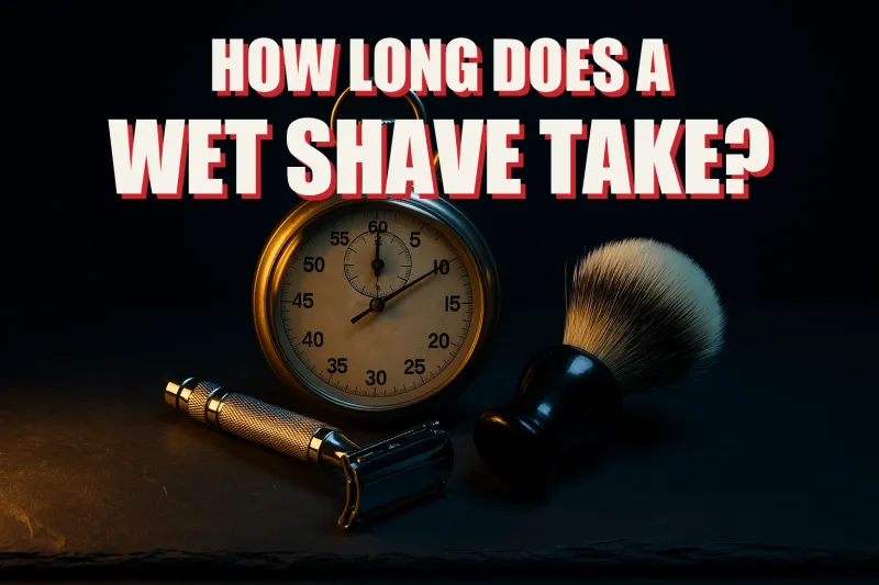 A safety razor and shaving brush beside a vintage stopwatch on dark slate under dramatic light, headline HOW LONG DOES A WET SHAVE TAKE in white block letters with a red drop shadow