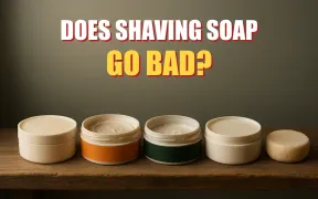 A row of shaving soap tubs and pucks of different ages and wear levels lined up on a bathroom shelf.