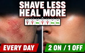 Side-by-side facial close-ups, an irritated cheek with red razor bumps labeled EVERY DAY on the left, a smooth calm cheek labeled 2 ON / 1 OFF on the right, SHAVE LESS / HEAL MORE headline in bold white block letters across the top with a red drop shadow, calendar strip in the center showing MON TUE WED THU FRI SAT SUN with red razor icons on shave days and green bed icons on rest days