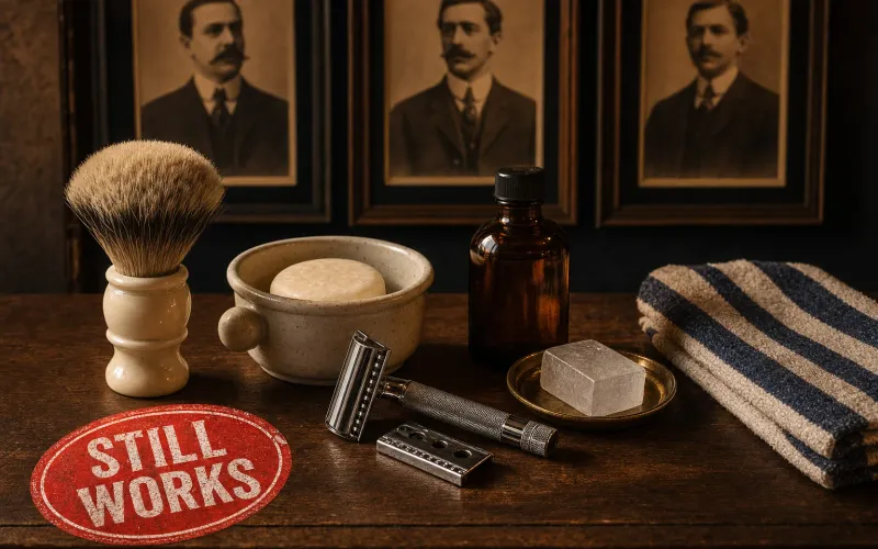 Overhead flatlay in warm sepia and navy tones on an aged walnut counter, showing a vintage badger brush with a turned bone handle, a chrome three-piece DE safety razor, a ceramic shave mug with a puck of pale soap, an unlabeled amber aftershave splash bottle, an alum block on a small brass dish, and a folded striped hot towel arranged like a gentleman's dressing tray, with three sepia-toned framed portraits of stern early-twentieth-century men mounted on a dark plaster wall in the background gently out of focus, and a large tilted red rubber-stamp oval badge in the lower-left corner reading STILL WORKS in white block letters.