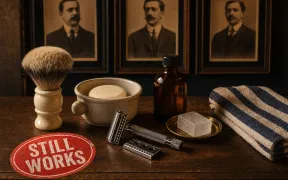 Overhead flatlay in warm sepia and navy tones on an aged walnut counter, showing a vintage badger brush with a turned bone handle, a chrome three-piece DE safety razor, a ceramic shave mug with a puck of pale soap, an unlabeled amber aftershave splash bottle, an alum block on a small brass dish, and a folded striped hot towel arranged like a gentleman's dressing tray, with three sepia-toned framed portraits of stern early-twentieth-century men mounted on a dark plaster wall in the background gently out of focus, and a large tilted red rubber-stamp oval badge in the lower-left corner reading STILL WORKS in white block letters.