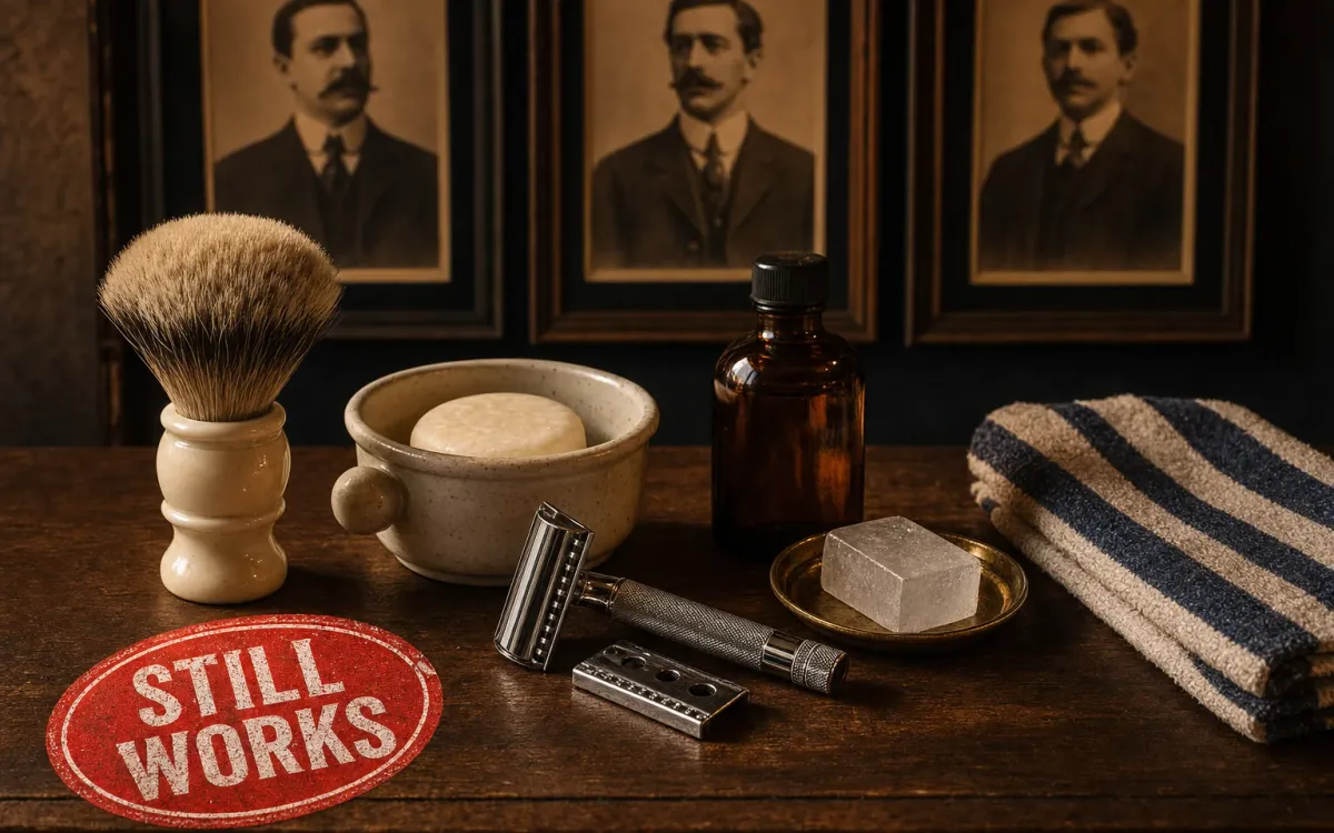 Overhead flatlay in warm sepia and navy tones on an aged walnut counter, showing a vintage badger brush with a turned bone handle, a chrome three-piece DE safety razor, a ceramic shave mug with a puck of pale soap, an unlabeled amber aftershave splash bottle, an alum block on a small brass dish, and a folded striped hot towel arranged like a gentleman's dressing tray, with three sepia-toned framed portraits of stern early-twentieth-century men mounted on a dark plaster wall in the background gently out of focus, and a large tilted red rubber-stamp oval badge in the lower-left corner reading STILL WORKS in white block letters.