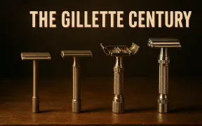 A timeline of vintage safety razors from early double edge to adjustable arranged on aged wood, under the headline The Gillette Century