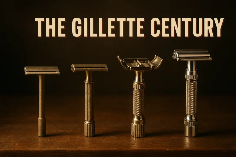 A timeline of vintage safety razors from early double edge to adjustable arranged on aged wood, under the headline The Gillette Century