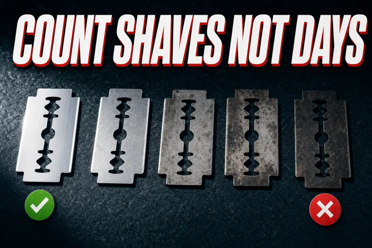 A row of double-edge razor blades on a dark slate counter progressing left to right from a bright fresh blade to a dull spent one, a green check over the fresh end and a red X over the worn end, headline COUNT SHAVES NOT DAYS in white block letters with a red drop shadow across the top