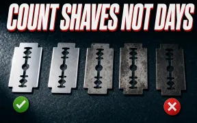 A row of double-edge razor blades on a dark slate counter progressing left to right from a bright fresh blade to a dull spent one, a green check over the fresh end and a red X over the worn end, headline COUNT SHAVES NOT DAYS in white block letters with a red drop shadow across the top
