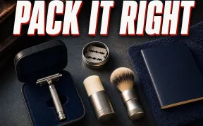 A compact travel shaving kit laid out on a dark slate counter, a double-edge safety razor in a case, a small tin of blades, a soap stick, and a travel brush beside a passport, warm side-light, headline PACK IT RIGHT in white block letters with a red drop shadow across the top
