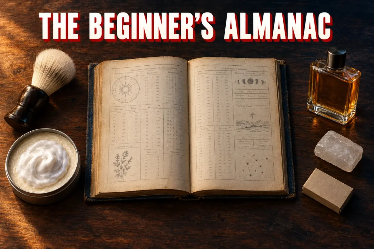 An old cloth-bound almanac lies open on a dark walnut counter, its pages ruled into columns of figures with small drawings of a sun dial, moon phases, a sprig of herbs and a star chart. Around it sit a shaving brush with a bone-white knot and a dark wooden handle, an open tin of shave soap topped with a swirl of white lather, a translucent alum block, a plain brown carton of razor blades and a square glass bottle of amber aftershave. Headline THE BEGINNER'S ALMANAC in white block capitals with a red drop shadow across the top.