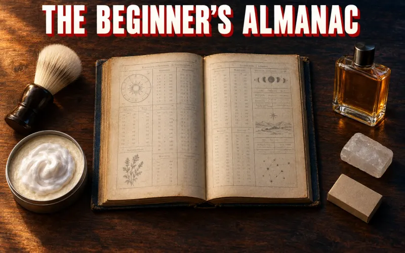 An old cloth-bound almanac lies open on a dark walnut counter, its pages ruled into columns of figures with small drawings of a sun dial, moon phases, a sprig of herbs and a star chart. Around it sit a shaving brush with a bone-white knot and a dark wooden handle, an open tin of shave soap topped with a swirl of white lather, a translucent alum block, a plain brown carton of razor blades and a square glass bottle of amber aftershave. Headline THE BEGINNER'S ALMANAC in white block capitals with a red drop shadow across the top.