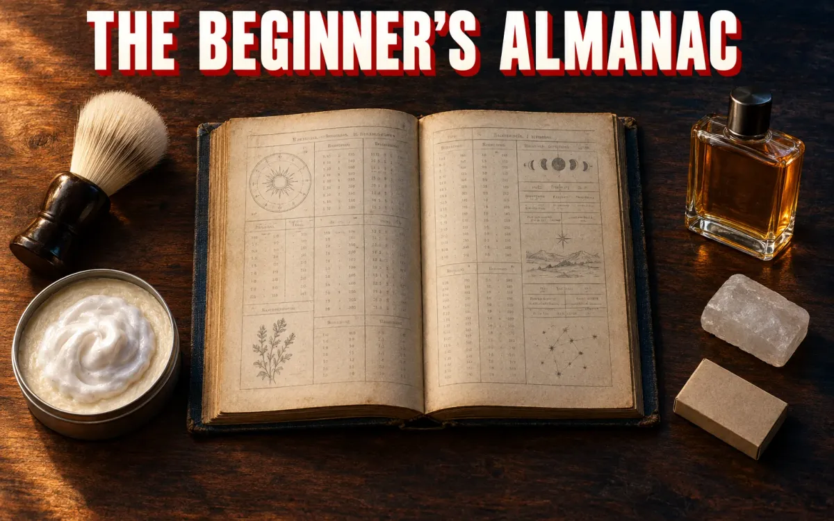 An old cloth-bound almanac lies open on a dark walnut counter, its pages ruled into columns of figures with small drawings of a sun dial, moon phases, a sprig of herbs and a star chart. Around it sit a shaving brush with a bone-white knot and a dark wooden handle, an open tin of shave soap topped with a swirl of white lather, a translucent alum block, a plain brown carton of razor blades and a square glass bottle of amber aftershave. Headline THE BEGINNER'S ALMANAC in white block capitals with a red drop shadow across the top.