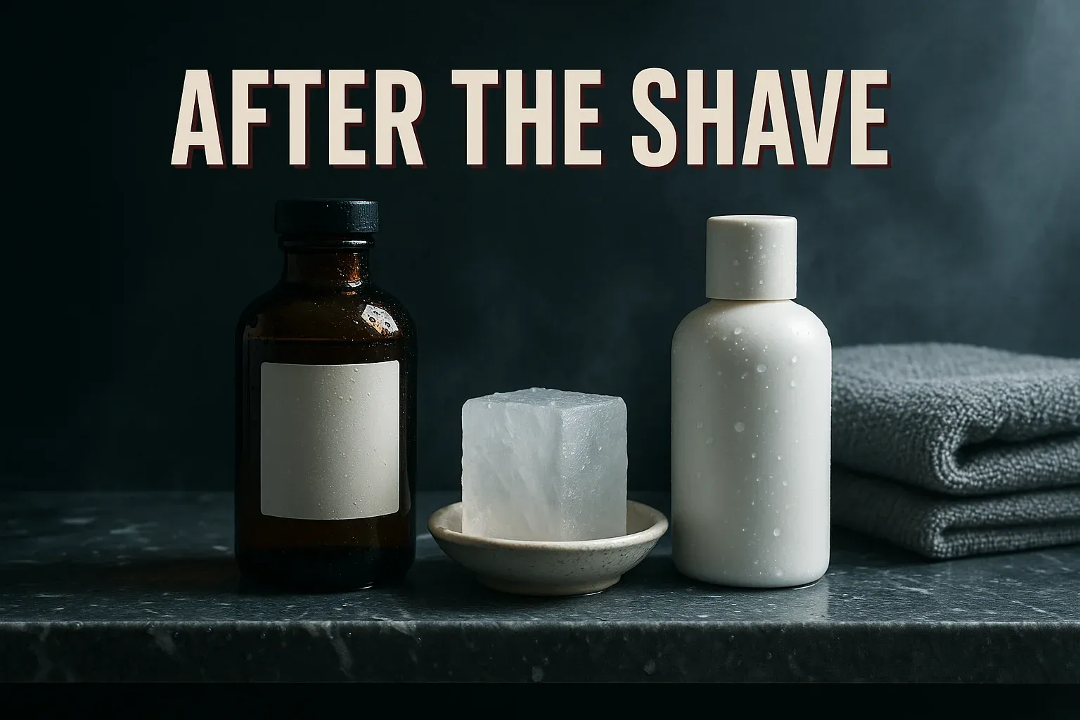 An amber witch hazel bottle, alum block, and white balm bottle lined up on a marble shelf under the headline After the Shave