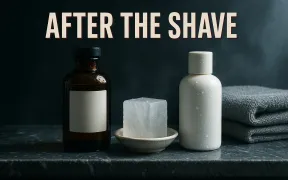 An amber witch hazel bottle, alum block, and white balm bottle lined up on a marble shelf under the headline After the Shave