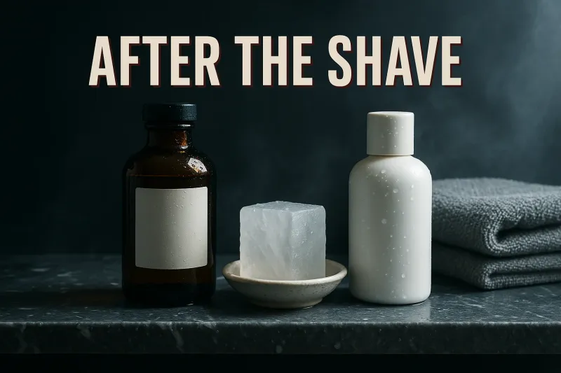 An amber witch hazel bottle, alum block, and white balm bottle lined up on a marble shelf under the headline After the Shave