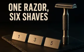 A Rockwell style safety razor standing beside a row of three numbered baseplates on dark slate, under the headline One Razor, Six Shaves