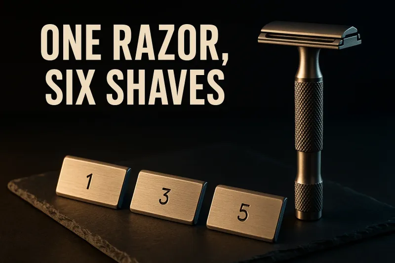 A Rockwell style safety razor standing beside a row of three numbered baseplates on dark slate, under the headline One Razor, Six Shaves