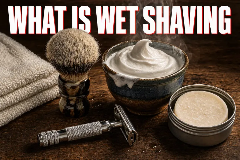 A warm overhead flatlay on dark walnut of a classic wet shaving kit, a chrome double-edge safety razor, a badger shaving brush standing beside a ceramic bowl crowned with thick white lather, a soap puck in a tin and a folded towel, headline WHAT IS WET SHAVING in white block letters with a red drop shadow across the top