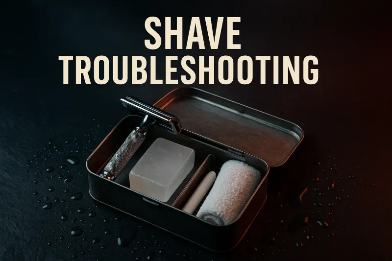 An open metal first aid tin on wet dark slate holding a safety razor, alum block, styptic pencil, and rolled towel, under the headline Shave Troubleshooting